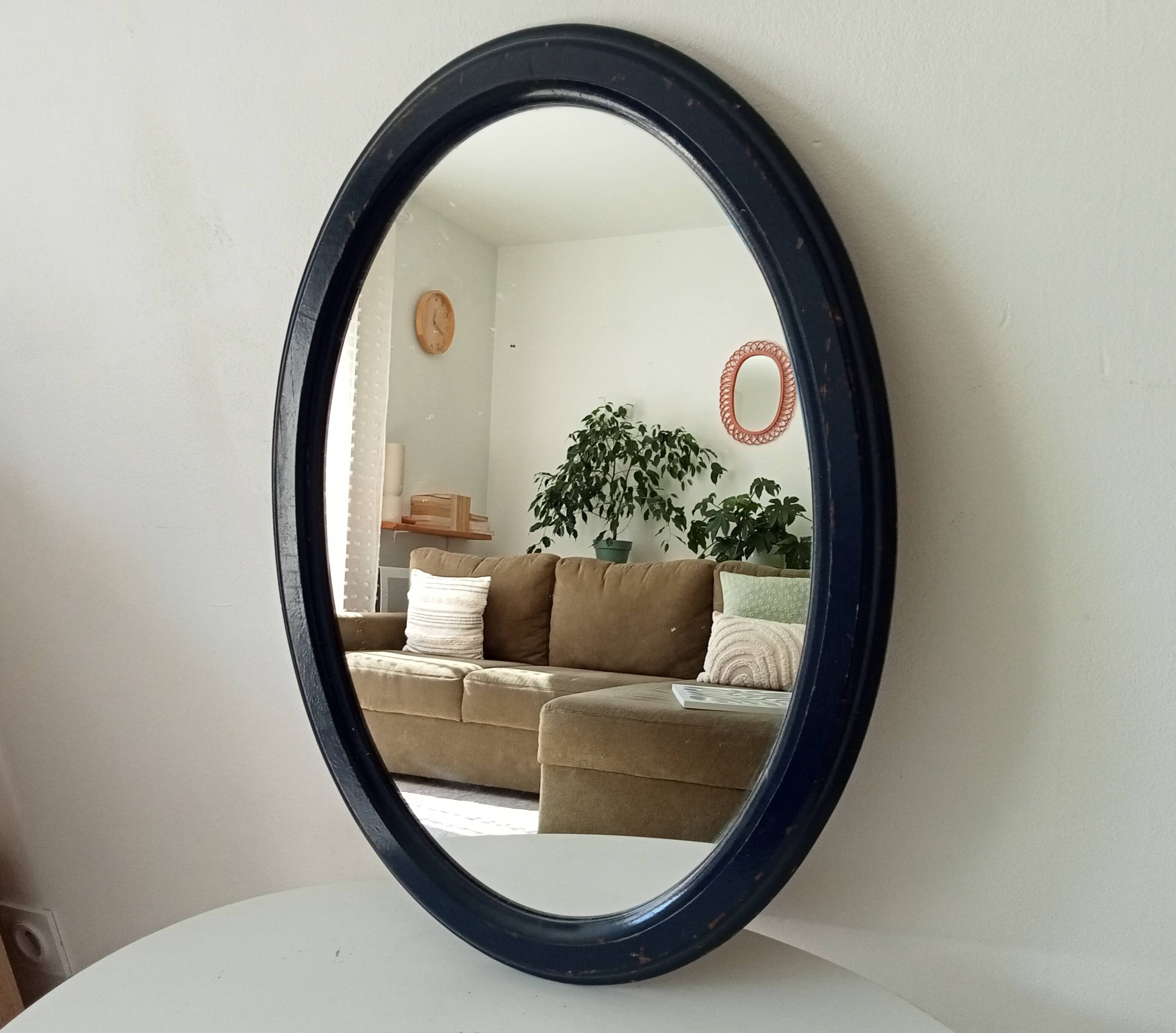 Vintage oval mirror in petrol blue wood