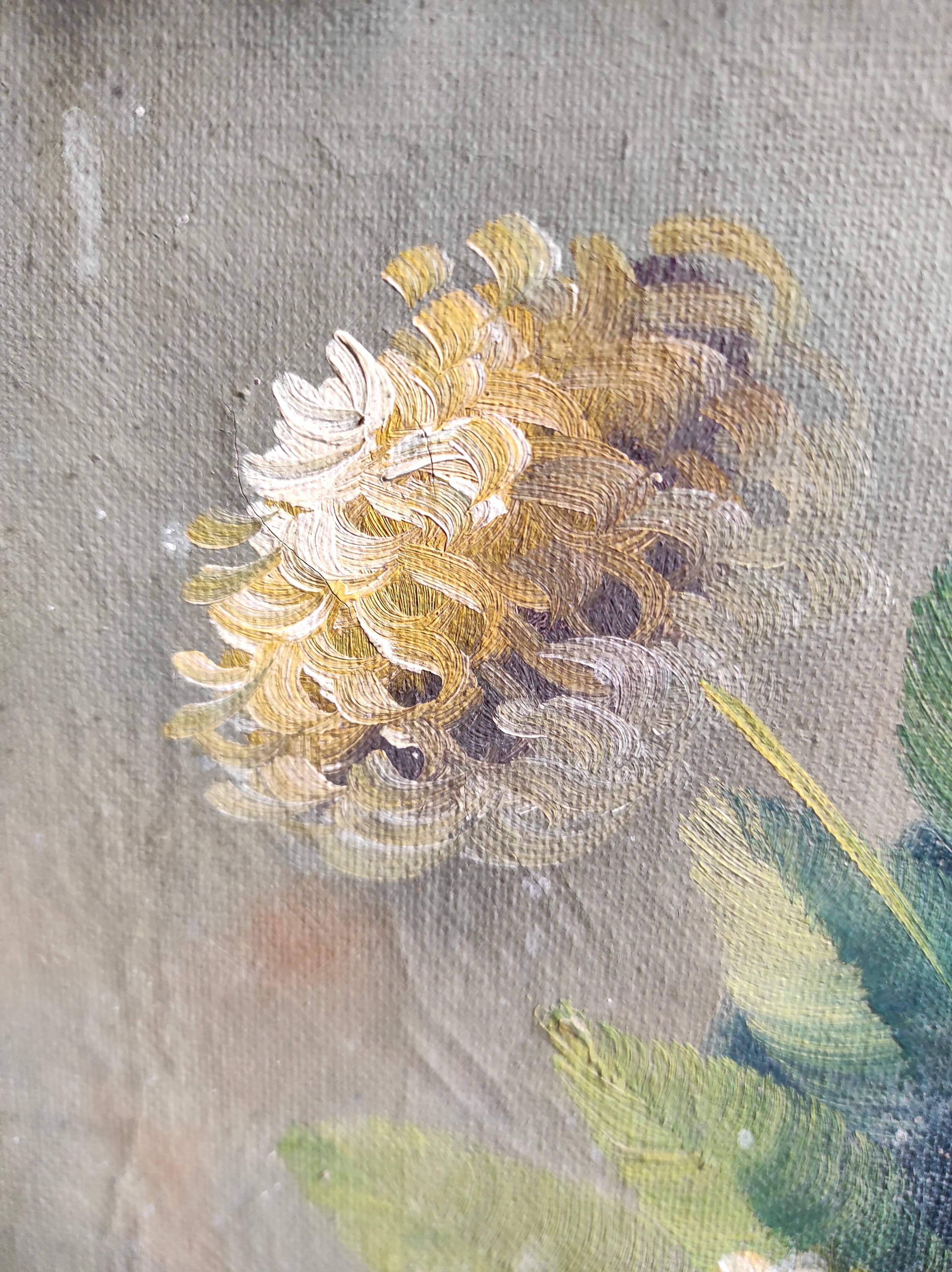 Vintage French oil painting of chrysanthemums, signed