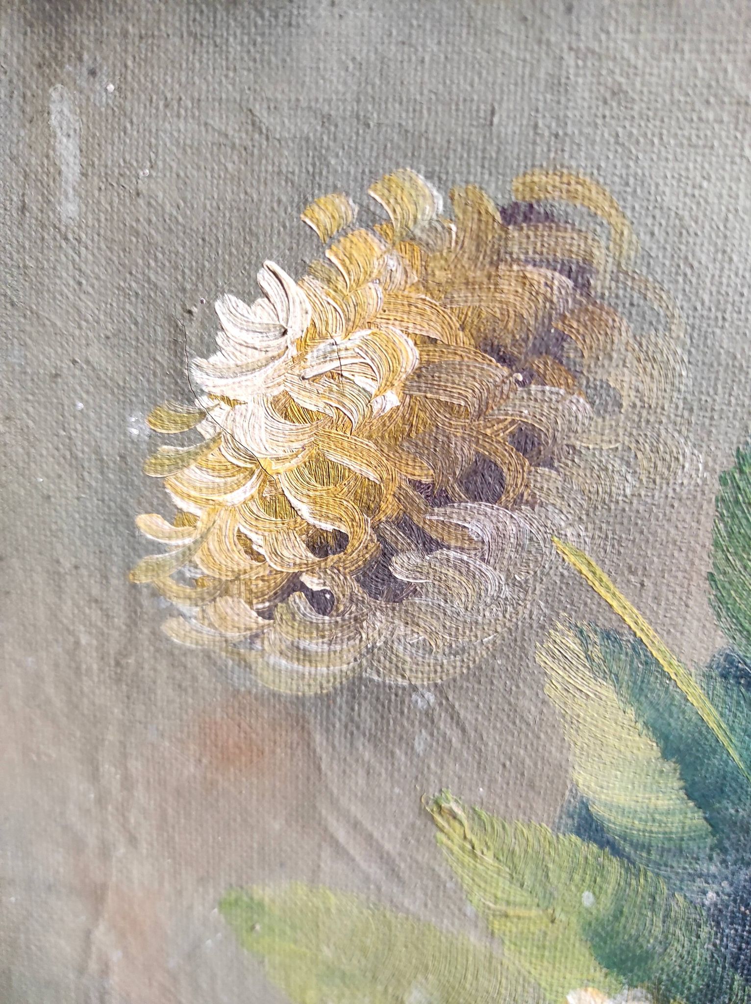 Vintage French oil painting of chrysanthemums, signed