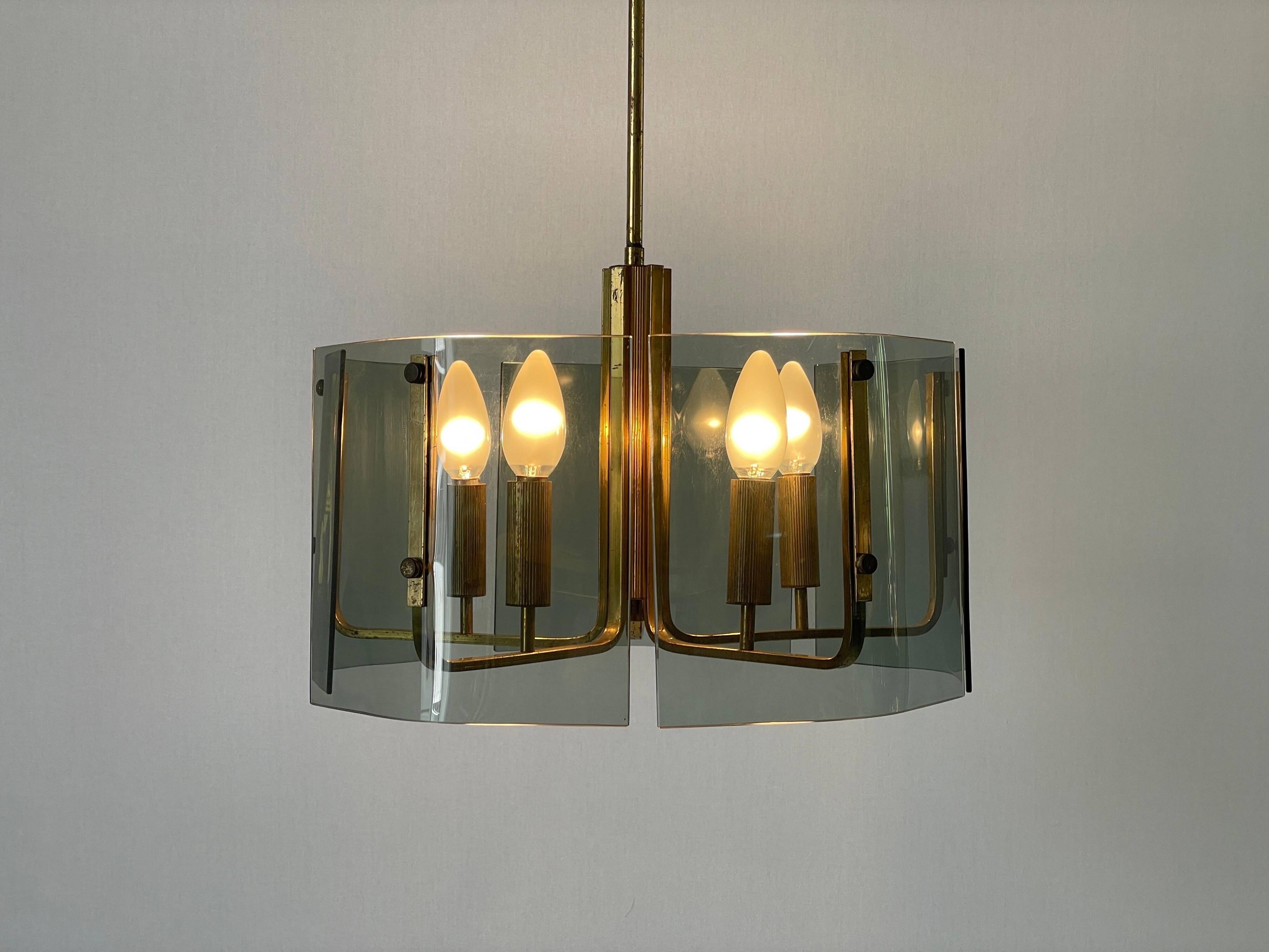 Grey glass chandelier with a brass body, 1960, Italy