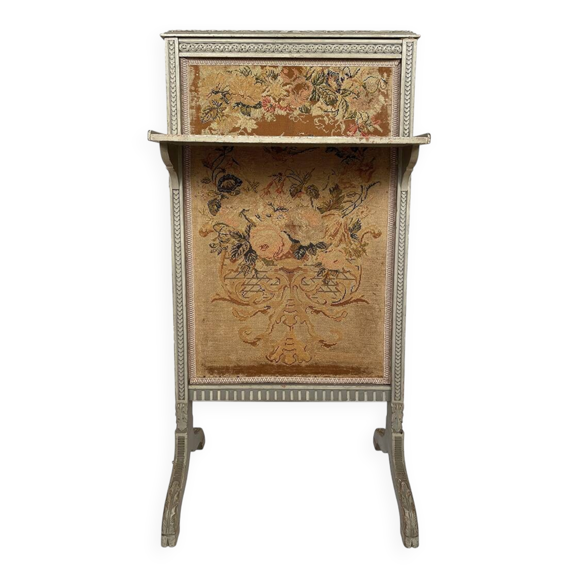 Grey lacquered wooden fireplace screen in Louis XVI style, circa 1900.