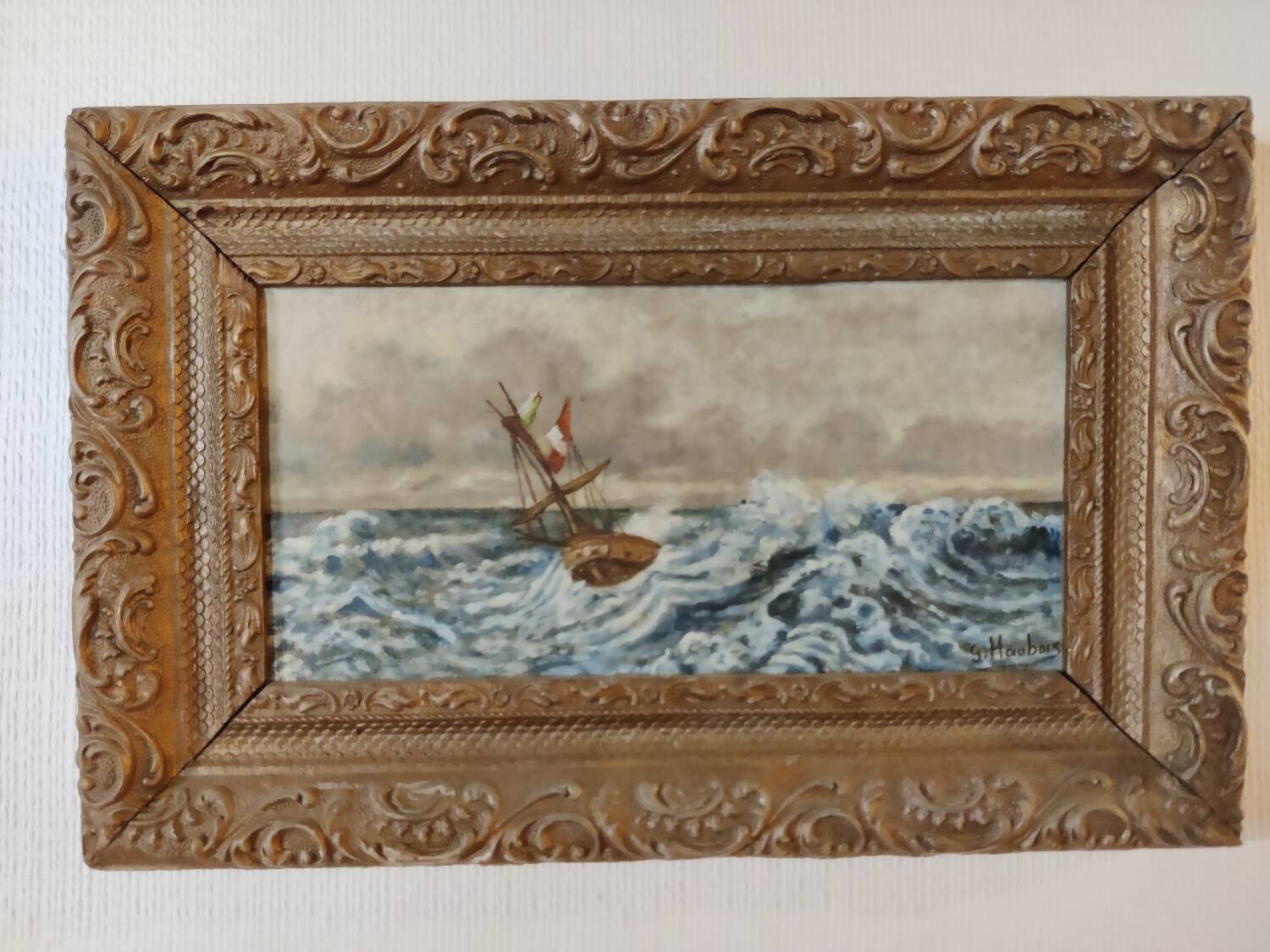 Lot of 2 old marine paintings on wood signed G. Haubois - Gilded frame