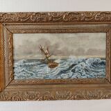 Lot of 2 old marine paintings on wood signed G. Haubois - Gilded frame