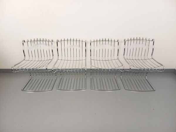 Suite de 4 chaises italiennes vintage Gastone Rinaldi en métal chromé