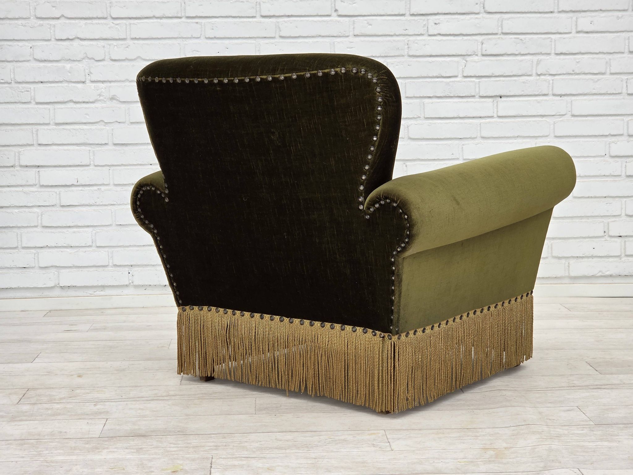 1970s, Danish lounge chair, low, furniture velour, ash wood legs.