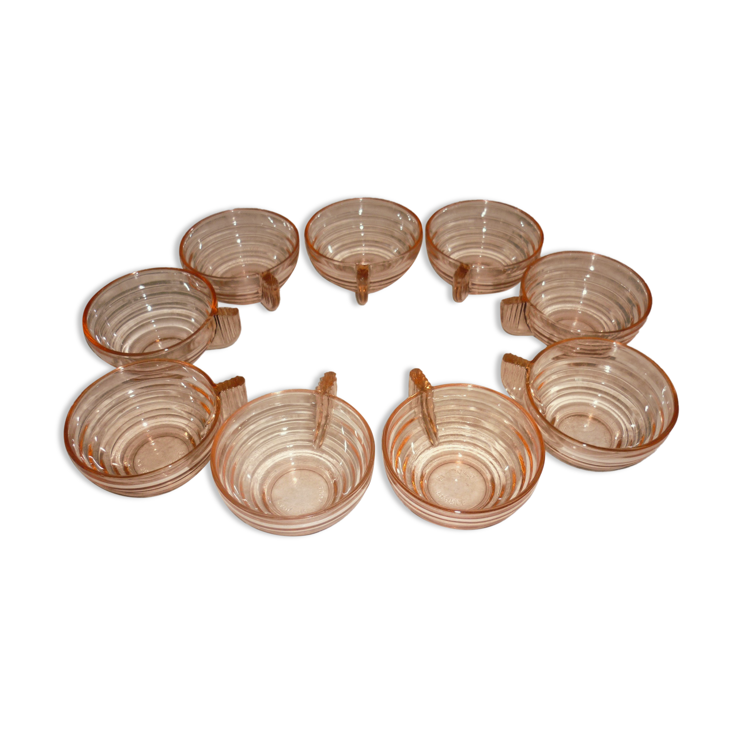 Lot 9 art deco cups in pink transparent glass