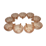 Lot 9 tasses art déco en verre transparent rose