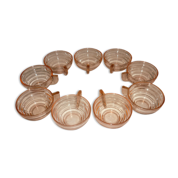 Lot 9 tasses art déco en verre transparent rose