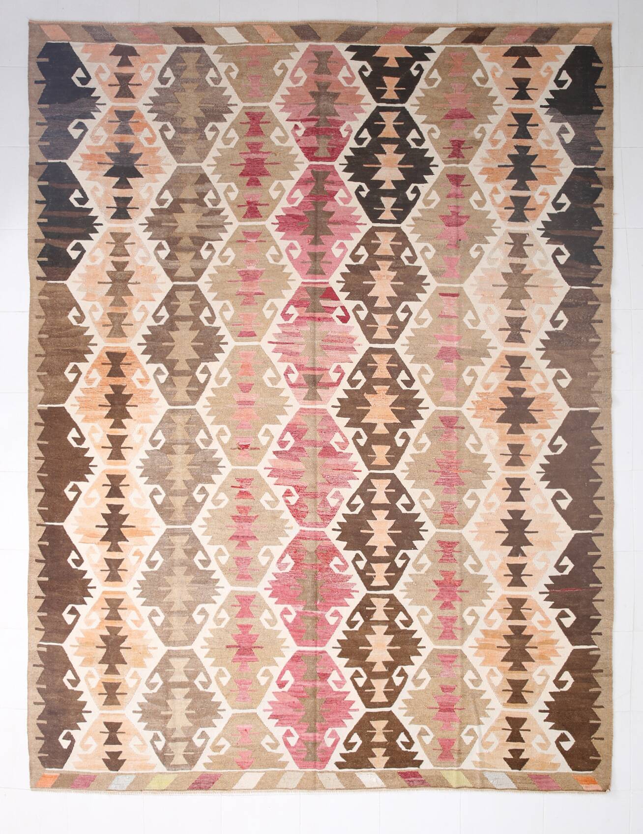 Grand tapis kilim turc vintage, décor bohème multicolore, 289x381 cm