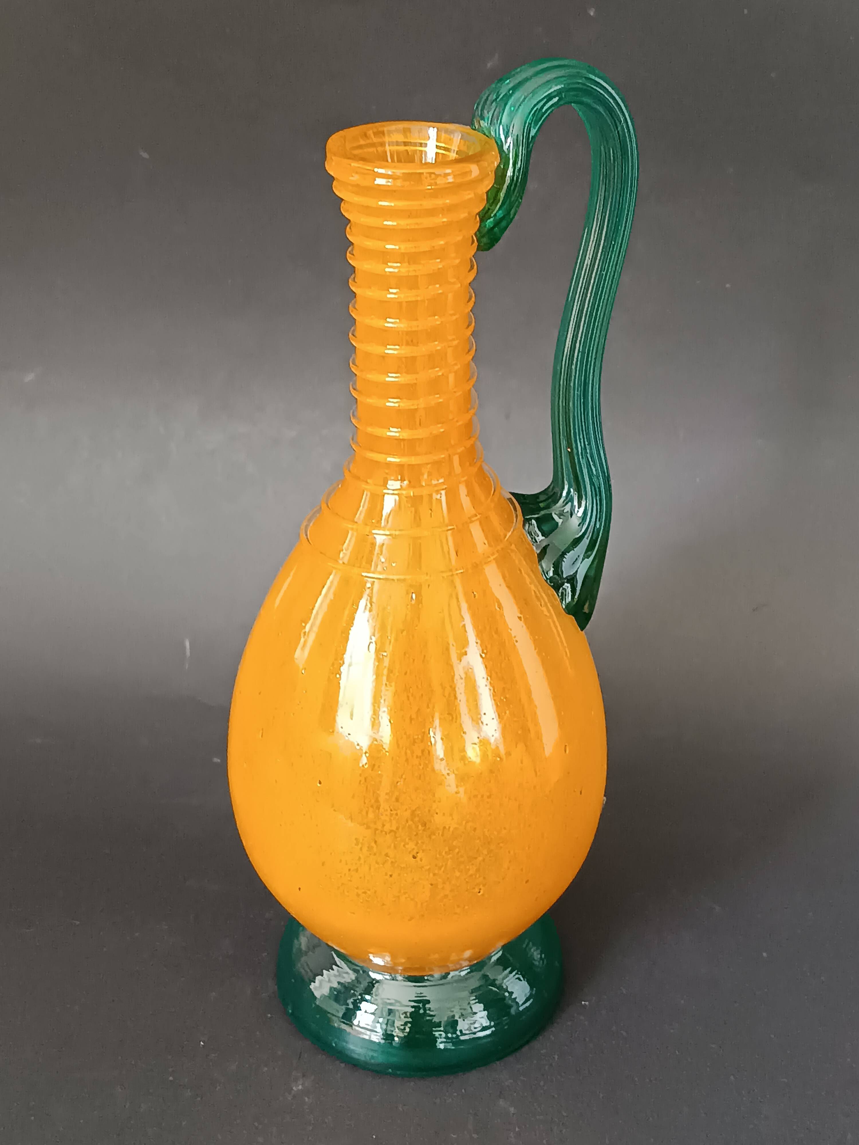 Vintage orange and green blown glass bottle, art glassware