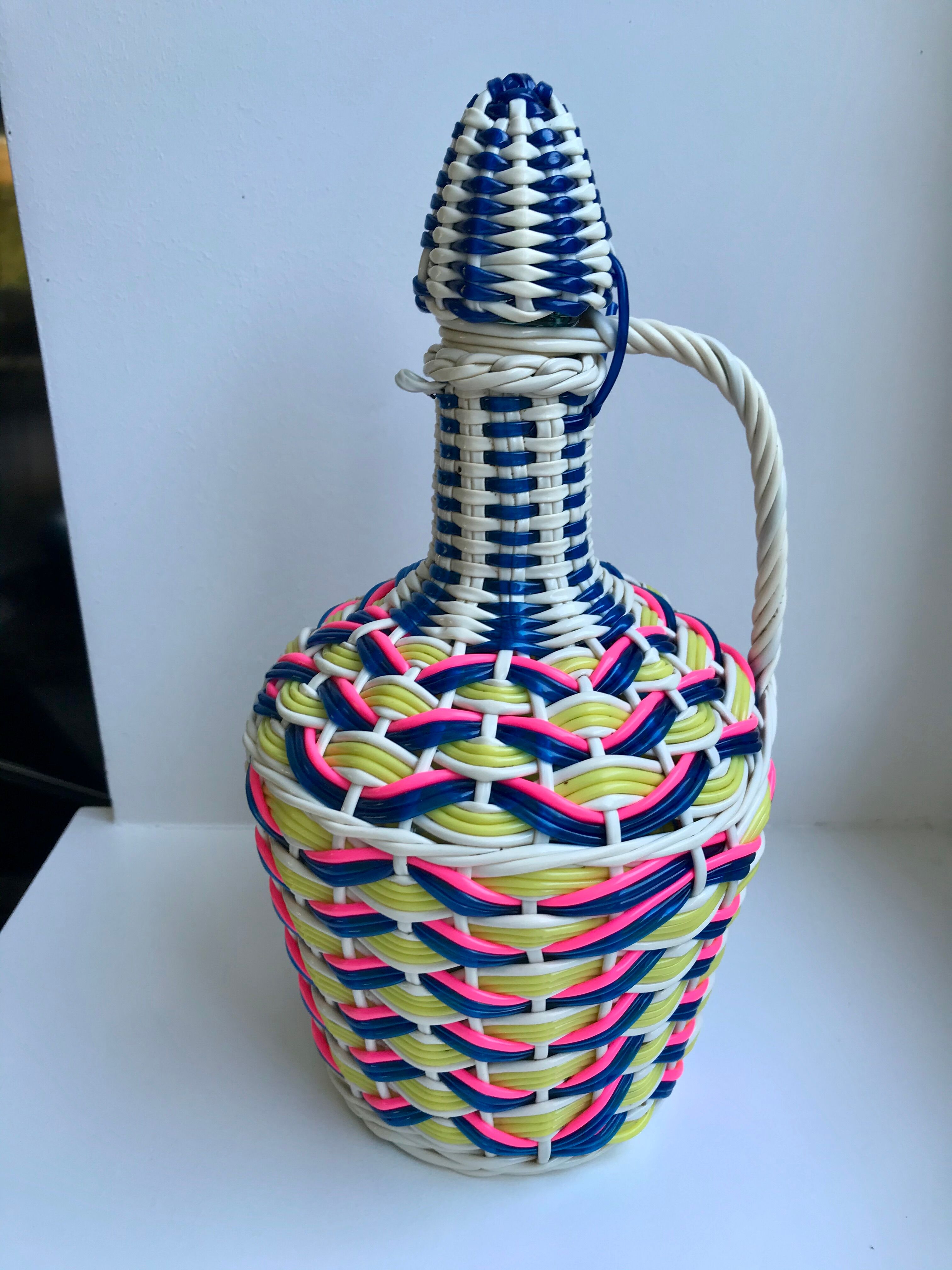 Scoubidou bottle with blue pink and yellow handle 70s