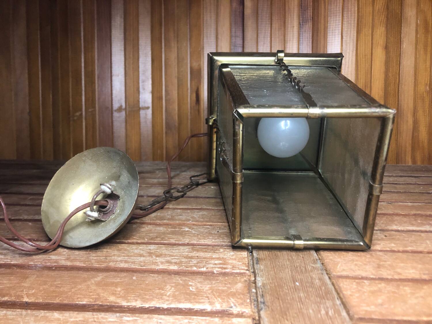 Old brass lantern pendant lamp + vintage glass plate #a592