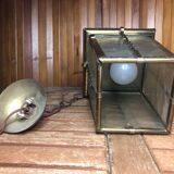 Old brass lantern pendant lamp + vintage glass plate #a592