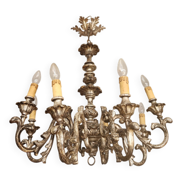 Xl Grand Lustre Vintage Régence Mi-Siècle Louis XV Baroque Rococo Peint à la Main en Bois Sculpté 8 Lumières Floral, Italie, Florence 1920 1950