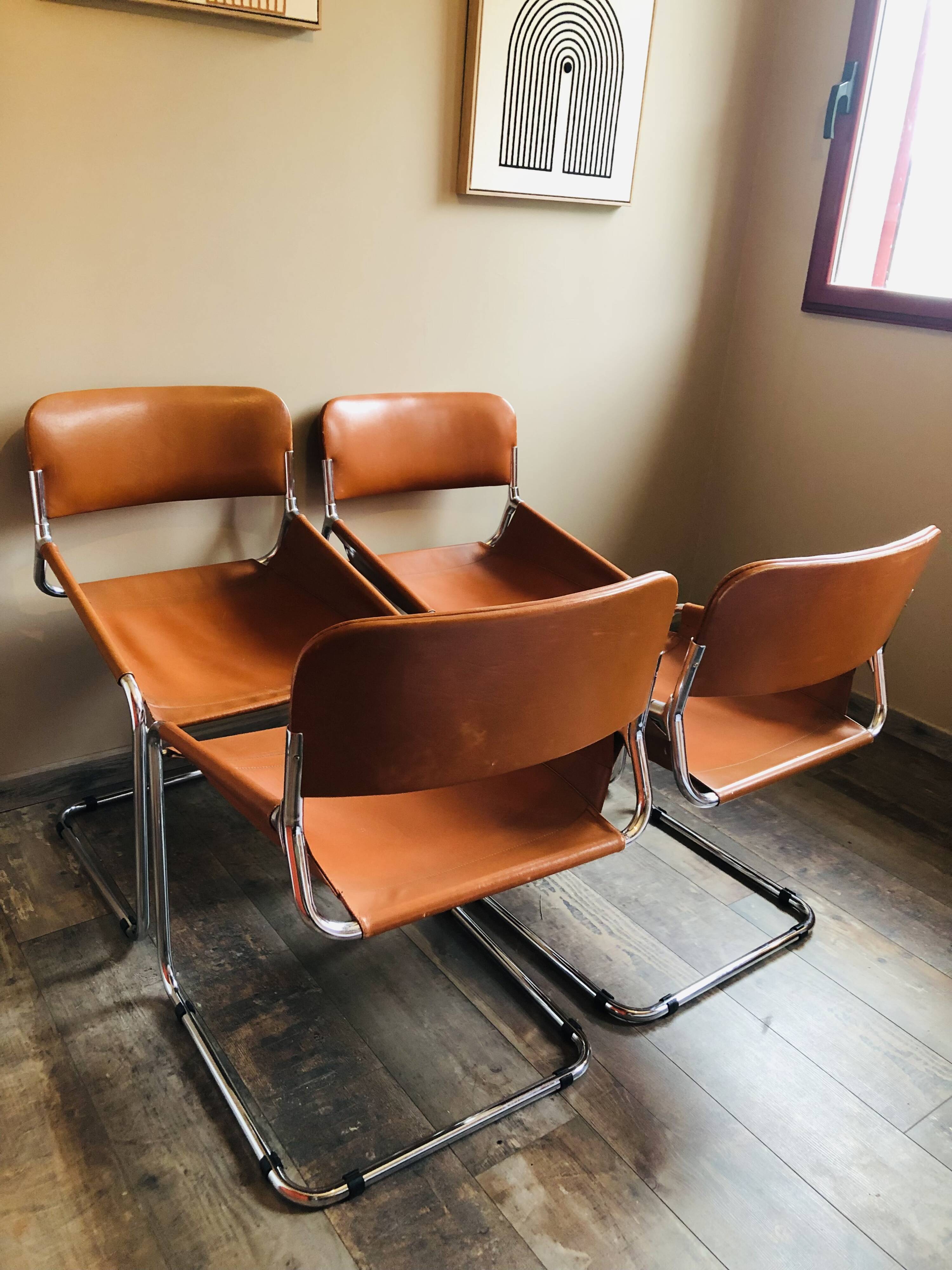 4 vintage 70s Italian chairs in cognac leather and stainless steel