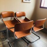 4 vintage 70s Italian chairs in cognac leather and stainless steel