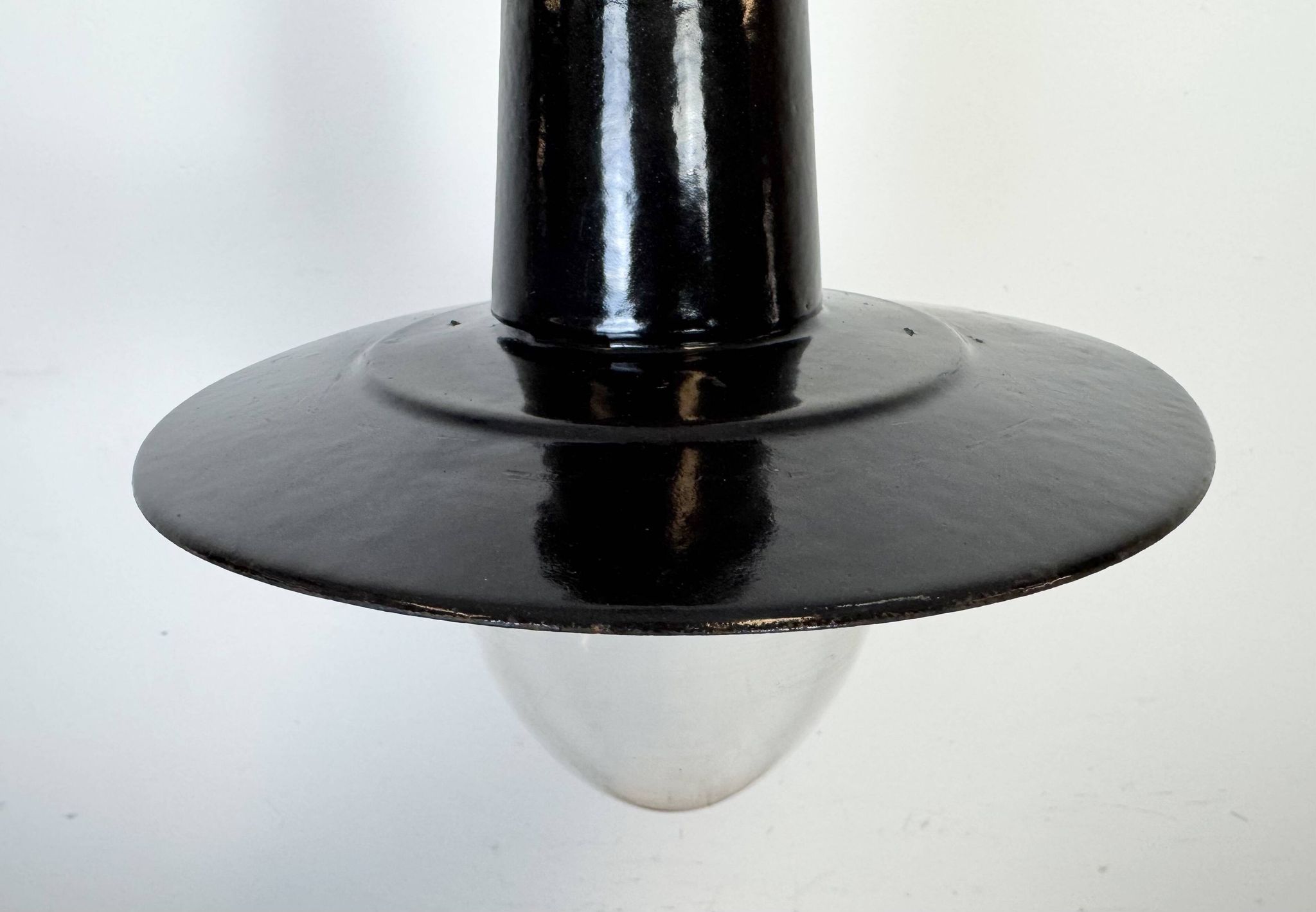 Industrial German Black Enamel Pendant Lamp with Glass Cover, 1930s
