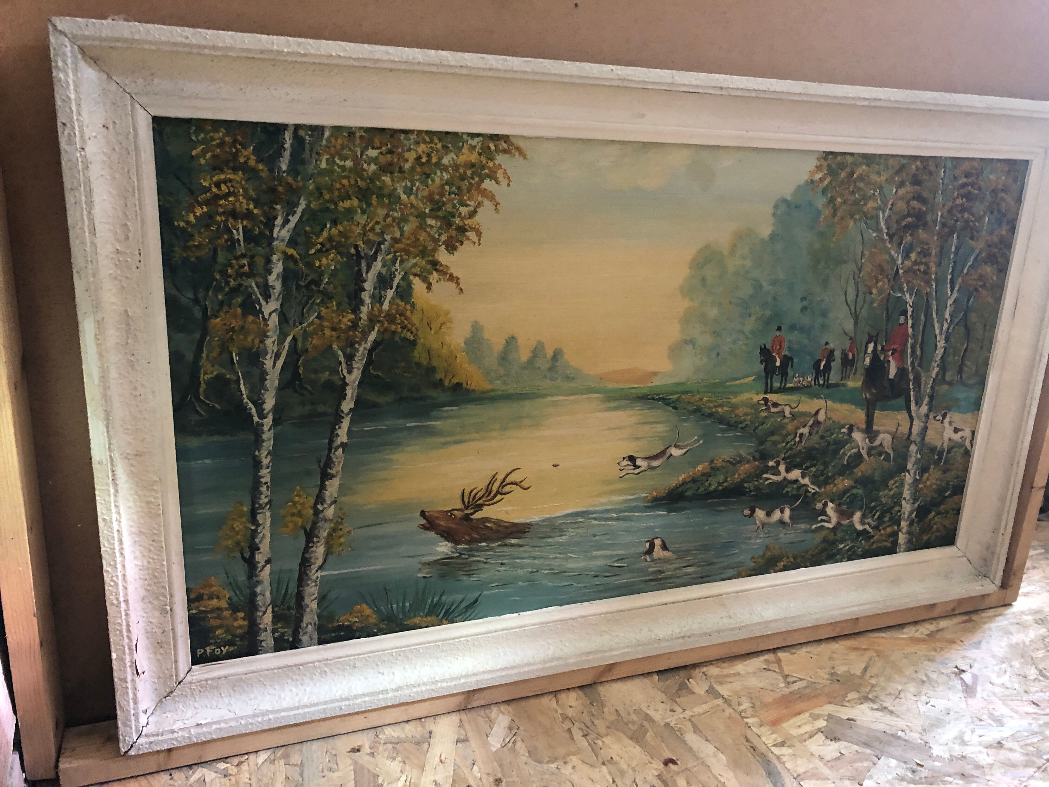 Old painting oil on panel p. foy hunting to court + frame wood white vintage