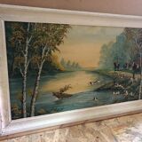 Ancien tableau huile sur panneau p. foy chasse à cour + cadre bois blanc vintage