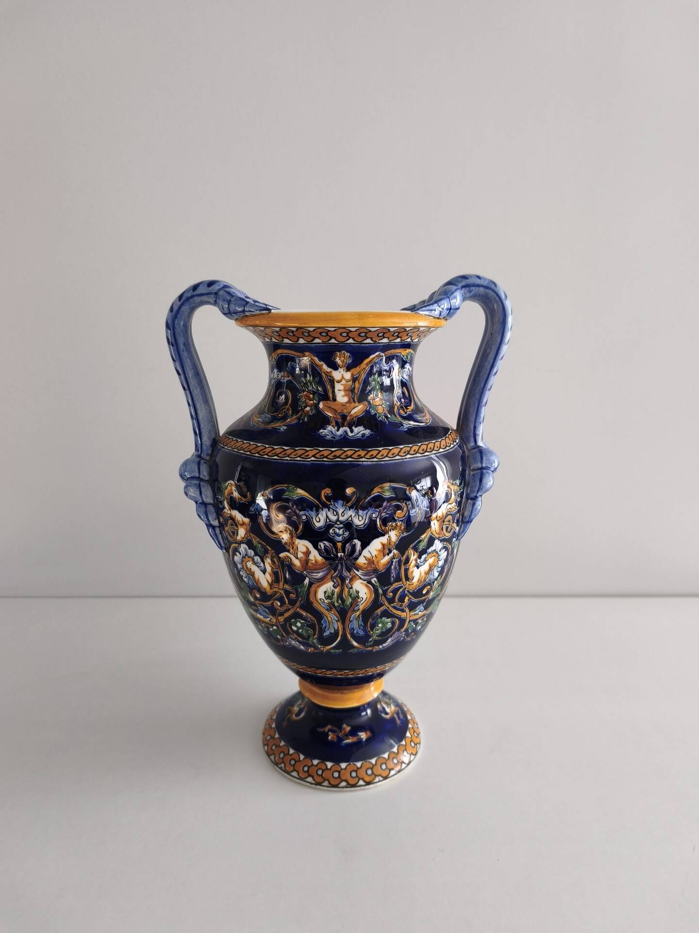 Vase balustre à anses faïence de Gien - Renaissance Bleu - H 28,5 cm