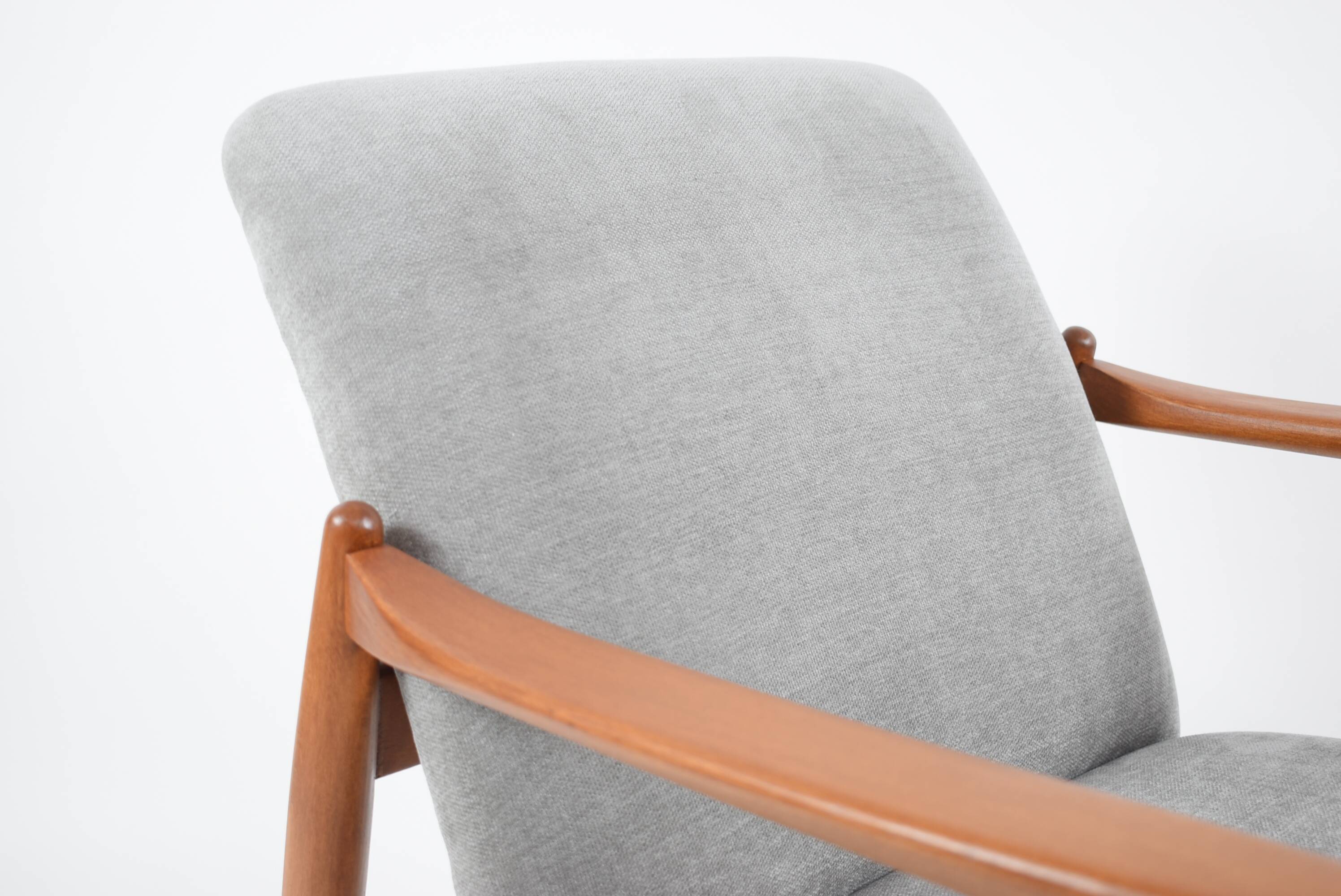 Original restored vintage armchair, designer E. Homma, grey fabric