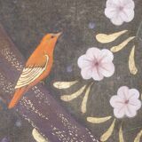 Painted canvas depicting birds in a rustic setting.