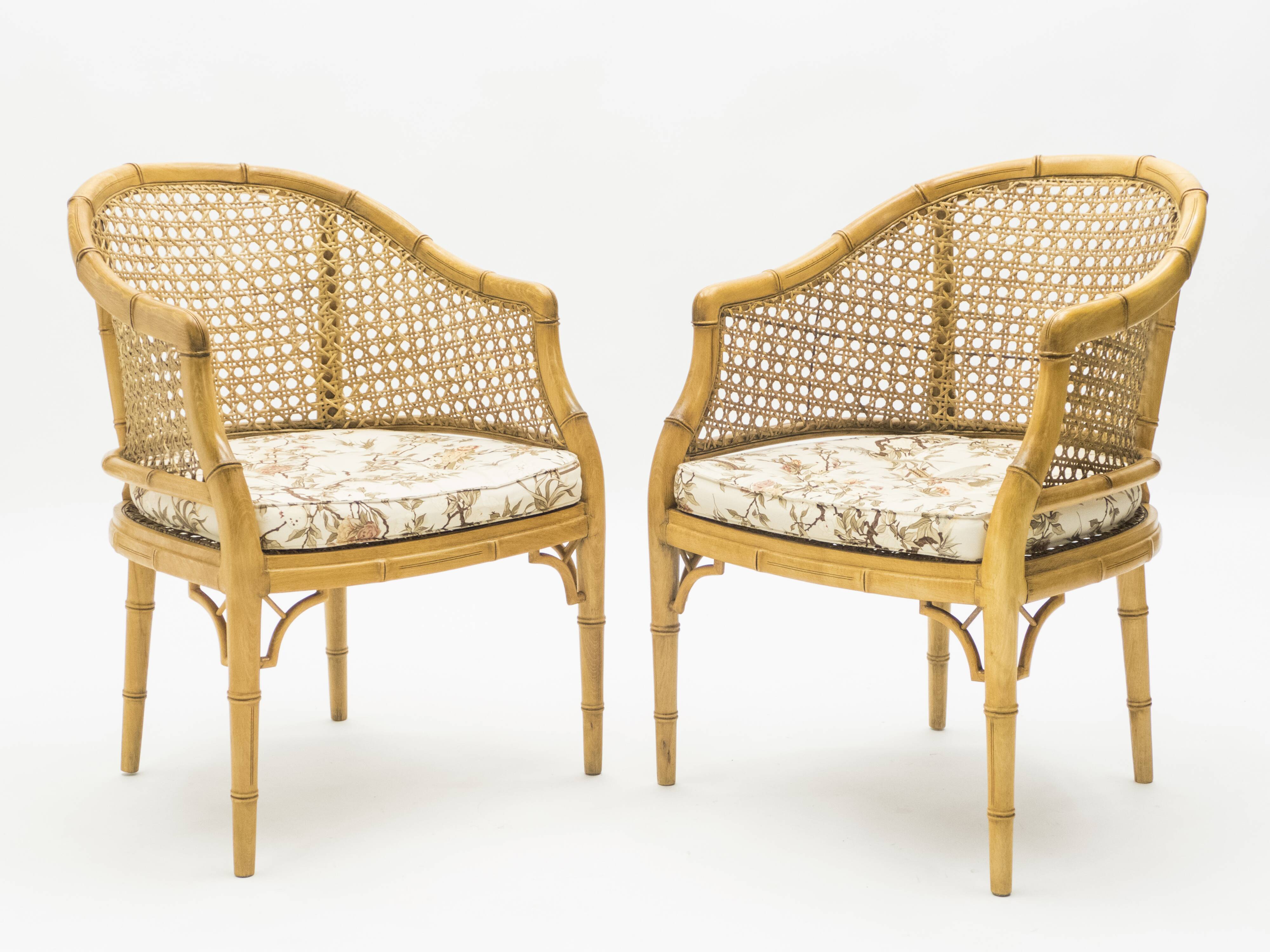 Pair of bamboo chairs caning around 1960