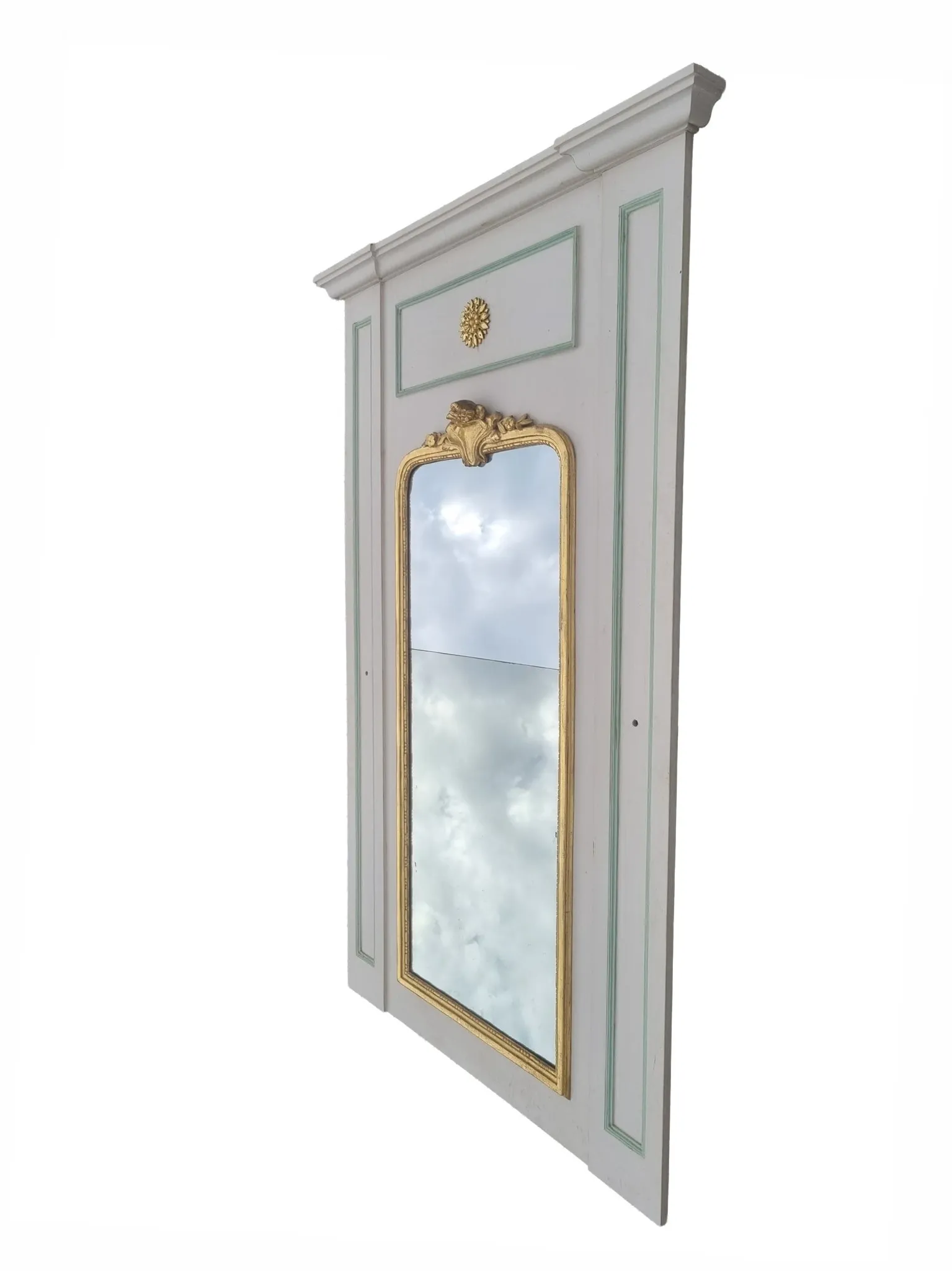 Large French mirror in architectural panel with gilt frame