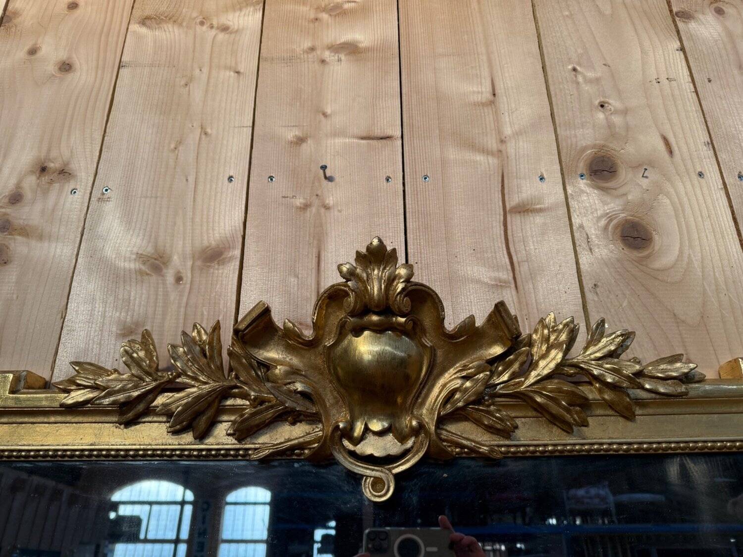 Louis XVI style gilded wood pediment mirror
