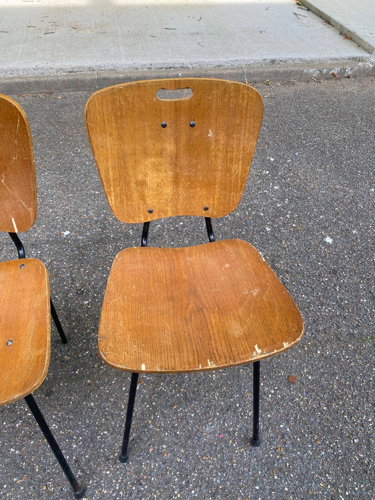 2 workshop chairs in wood and black steel, 1950s