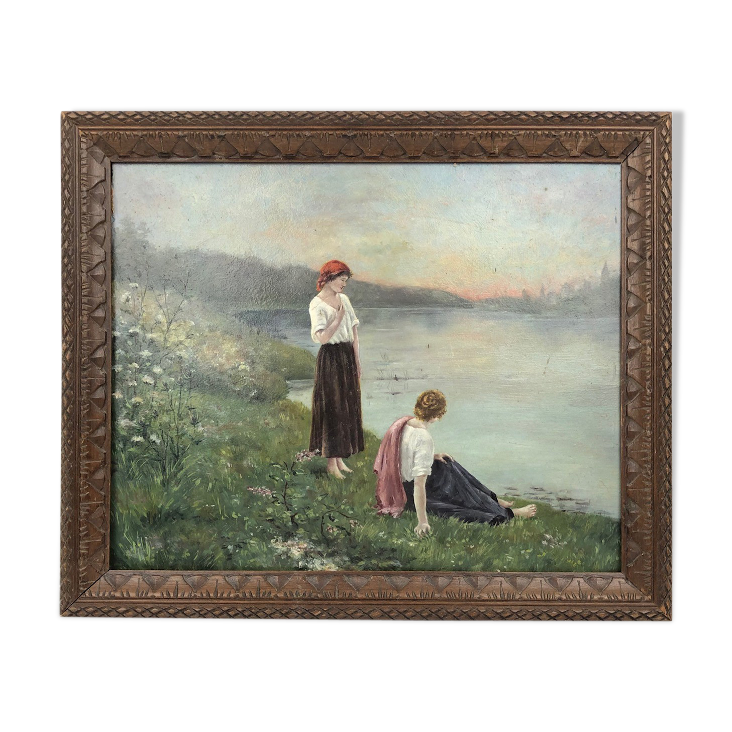 Hule on framed panel, "Dreaming at the water's edge", late 19th century.