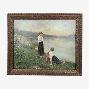 Hule on framed panel, "Dreaming at the water's edge", late 19th century.