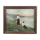 Hule on framed panel, "Dreaming at the water's edge", late 19th century.