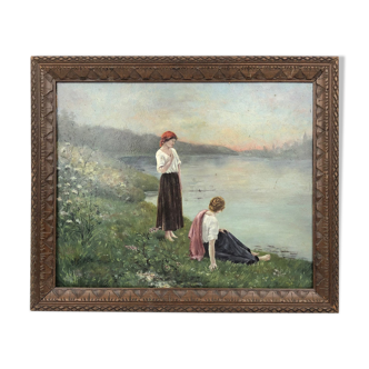 Hule on framed panel, "Dreaming at the water's edge", late 19th century.