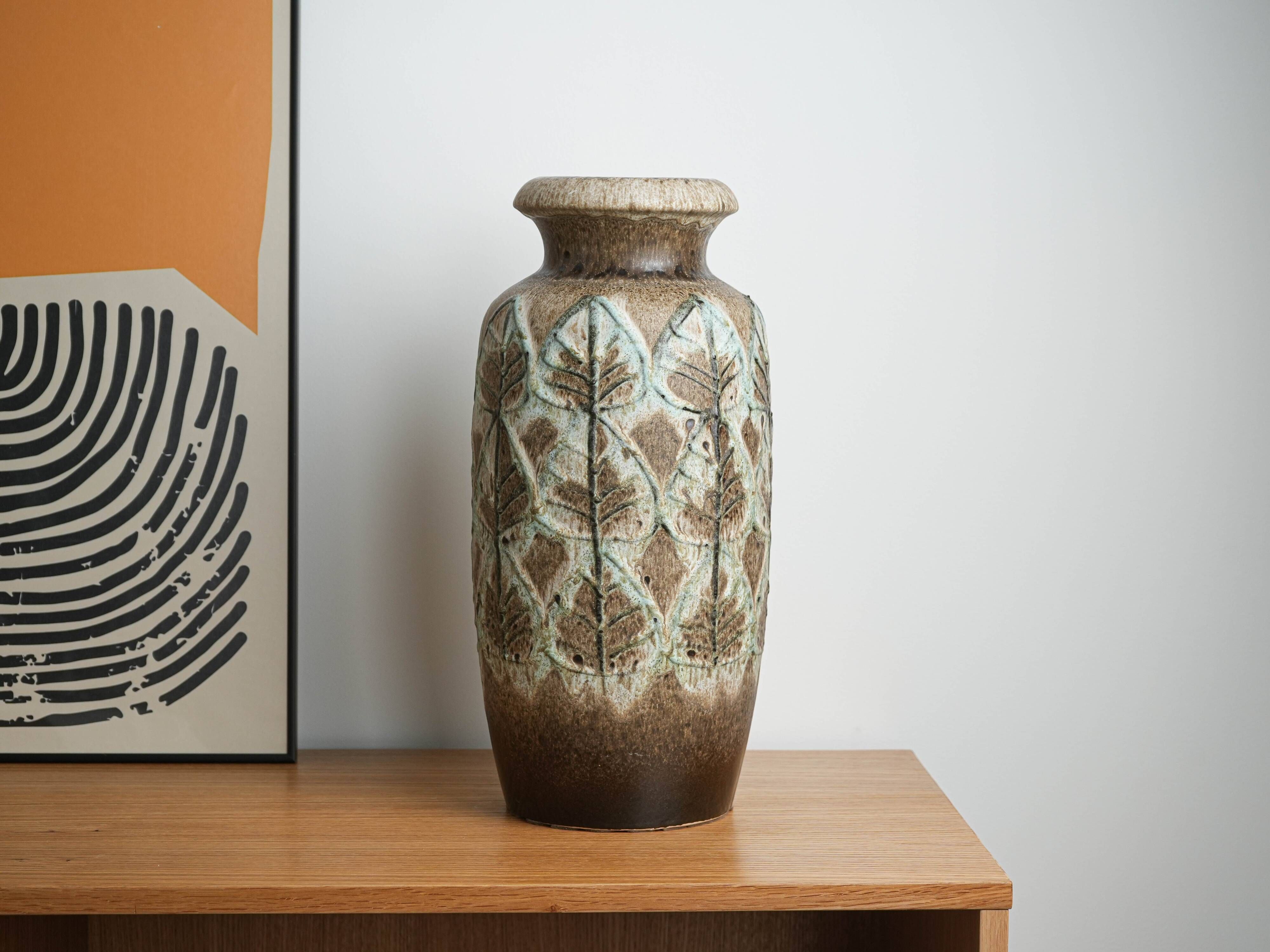 Scheurich ceramic floor vase with botanical relief pattern, Germany, 1970s