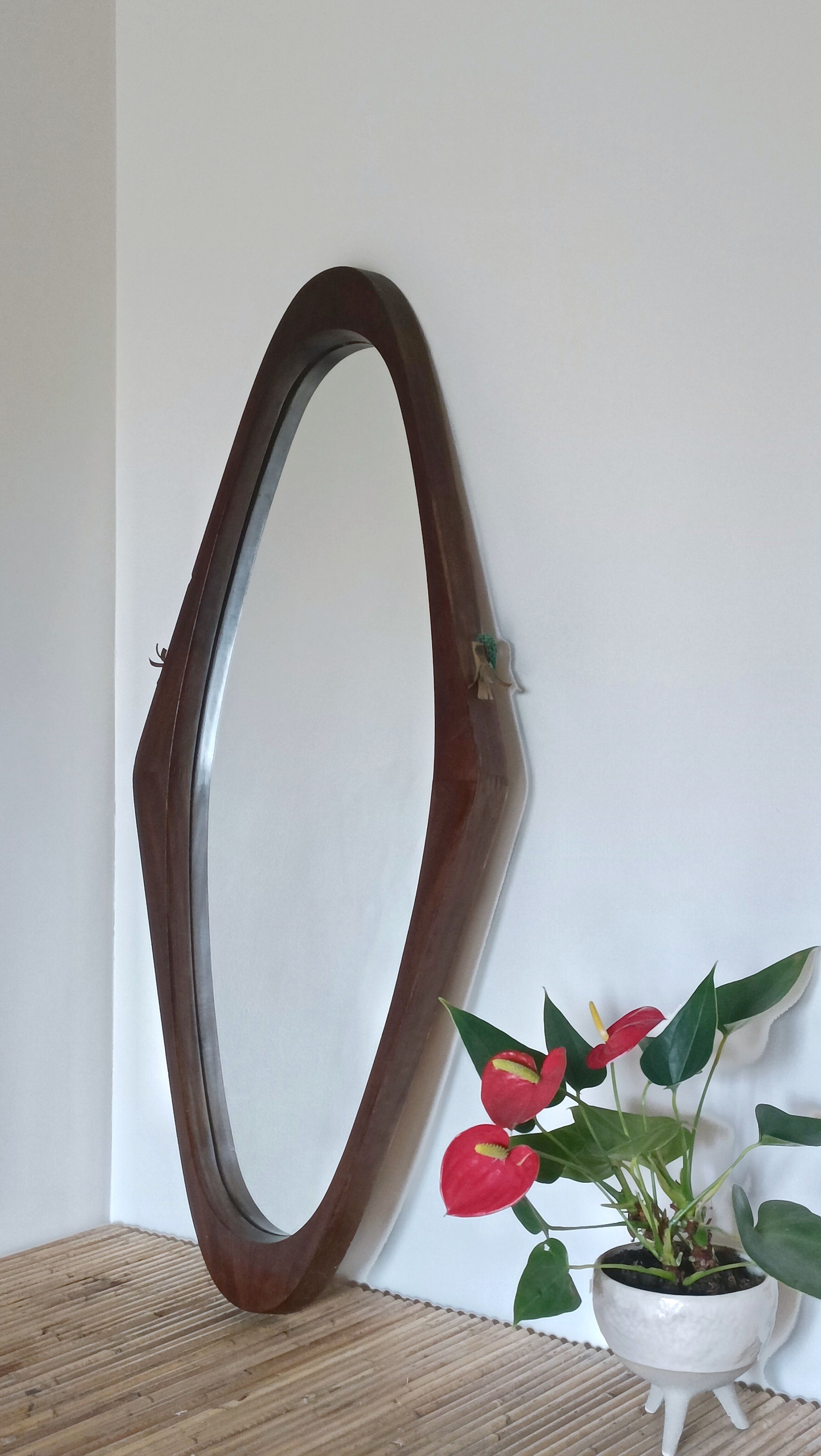 Italian free-form solid teak mirror