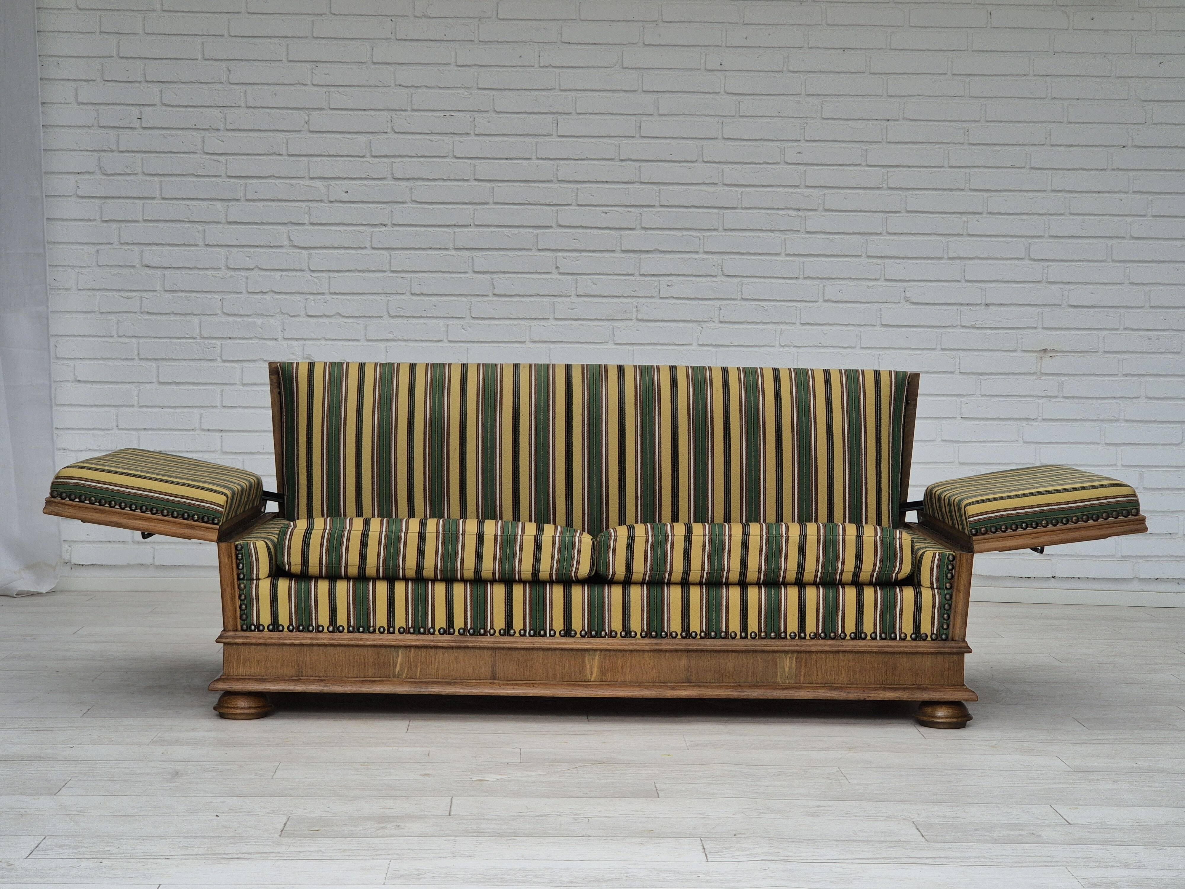 1960s, Danish drop arm sofa, furniture wool, oak wood, orginal condition.