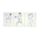 Drawing sketch, three characters in a frame