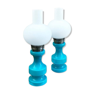 Set of table lamps, ceramic and opaline, turquoise blue