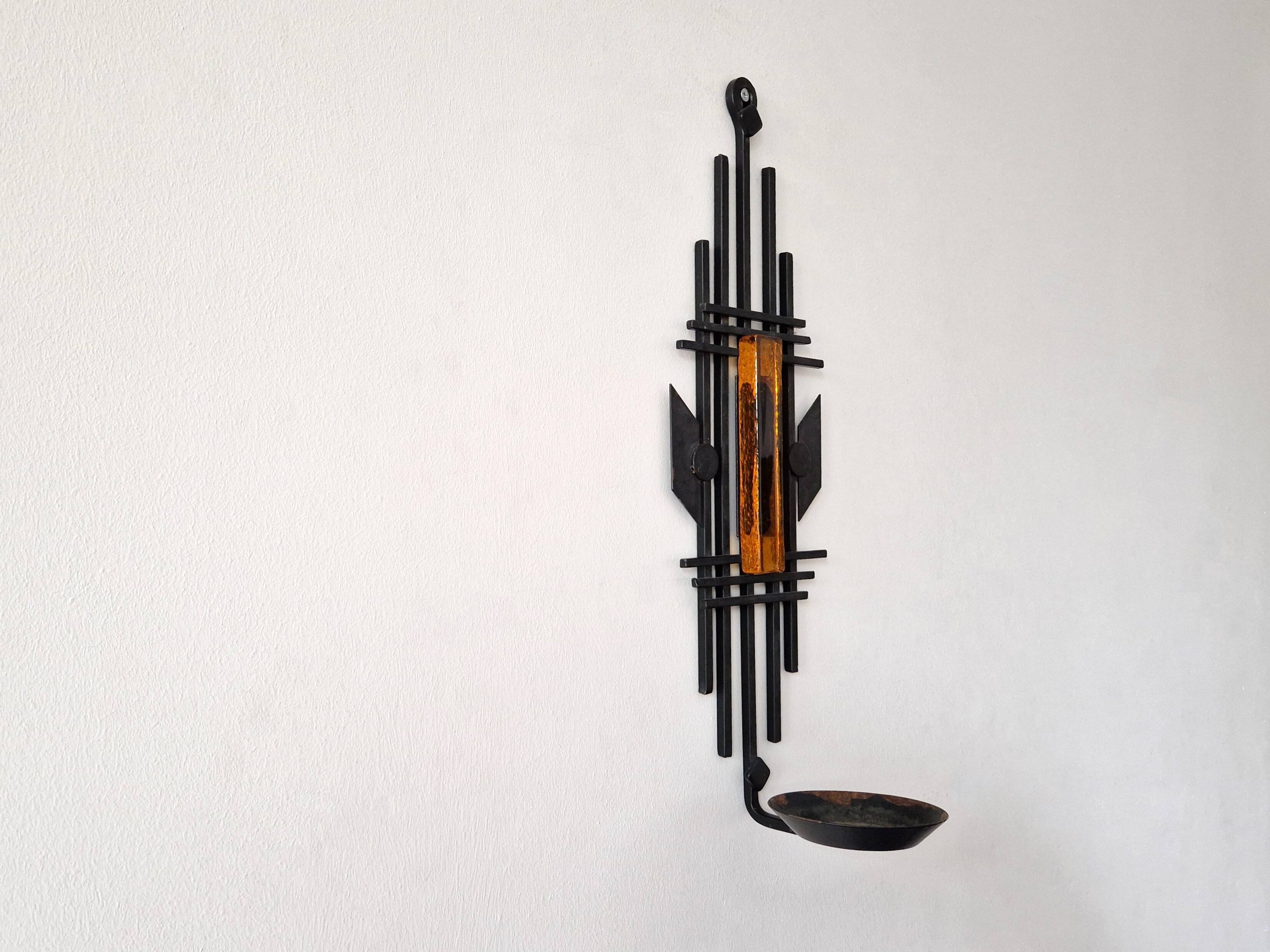 Sculptural Iron and orange glass wall candle holder for Dantoft, Denmark 1960's/1970's