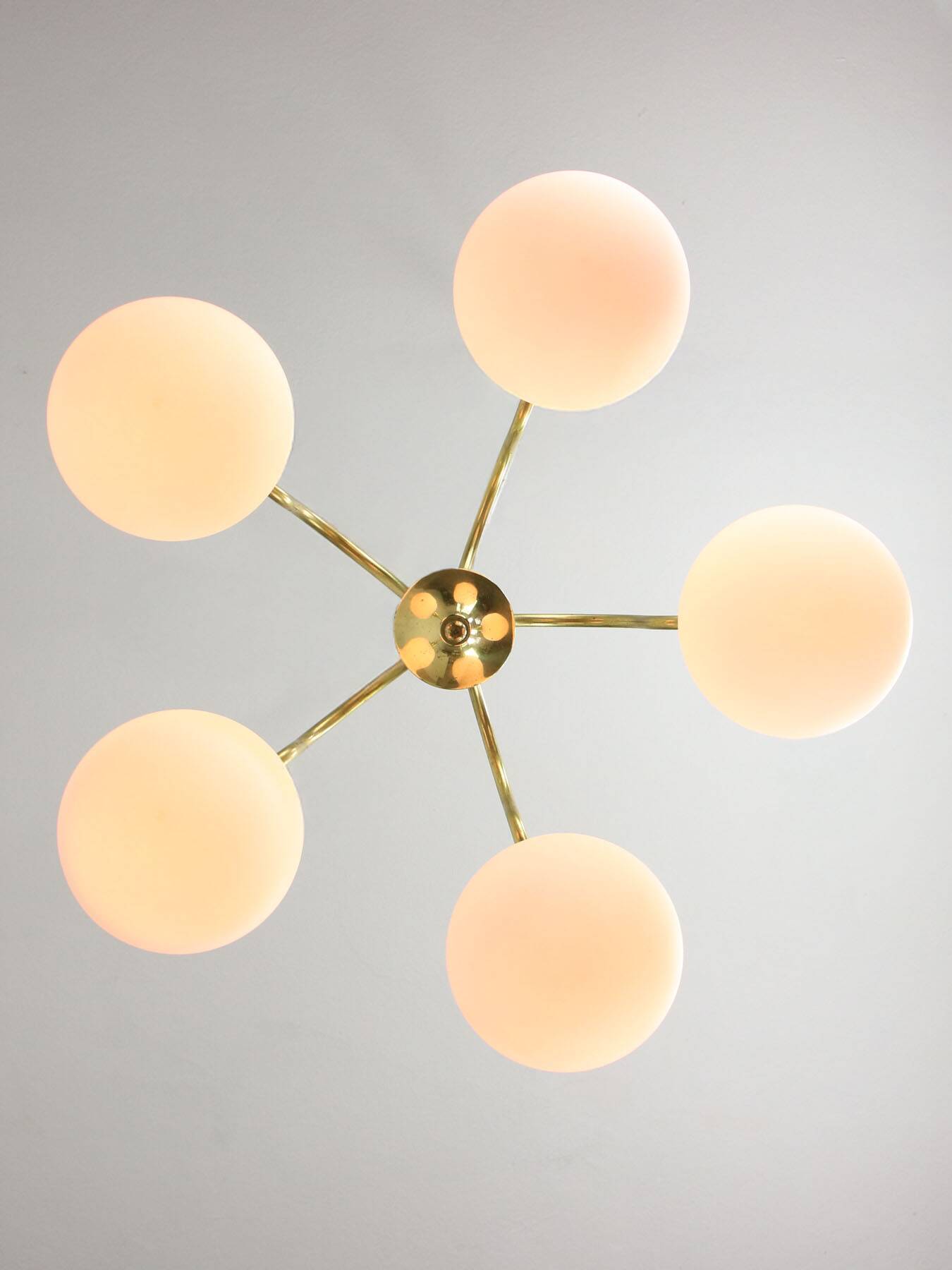 Italian Mid century Modern Chandelier in Brass and Opaline Glass, 1960s