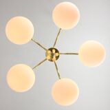 Italian Mid century Modern Chandelier in Brass and Opaline Glass, 1960s