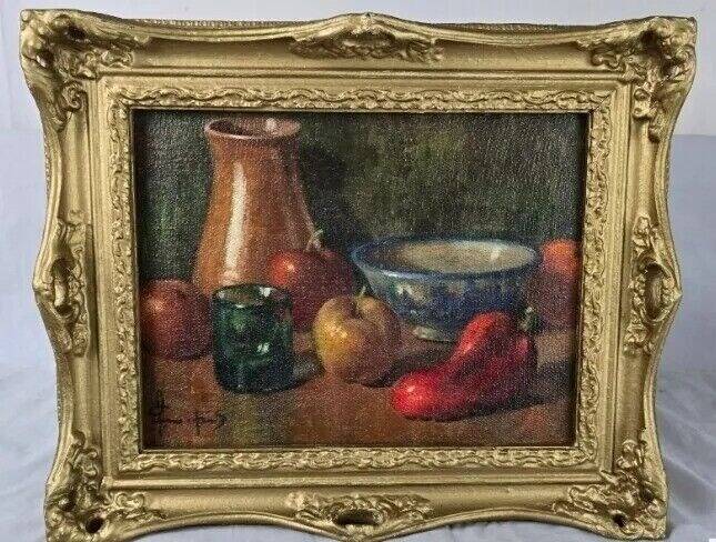 20th Century French Fruit and Pitcher Tabletop Still Life Oil Painting