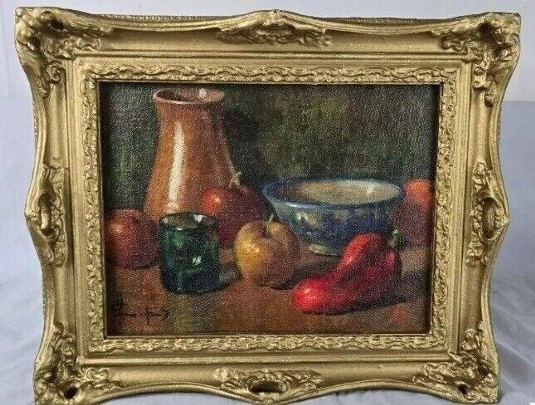 20th Century French Fruit and Pitcher Tabletop Still Life Oil Painting