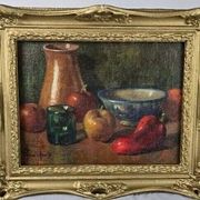 20th Century French Fruit and Pitcher Tabletop Still Life Oil Painting