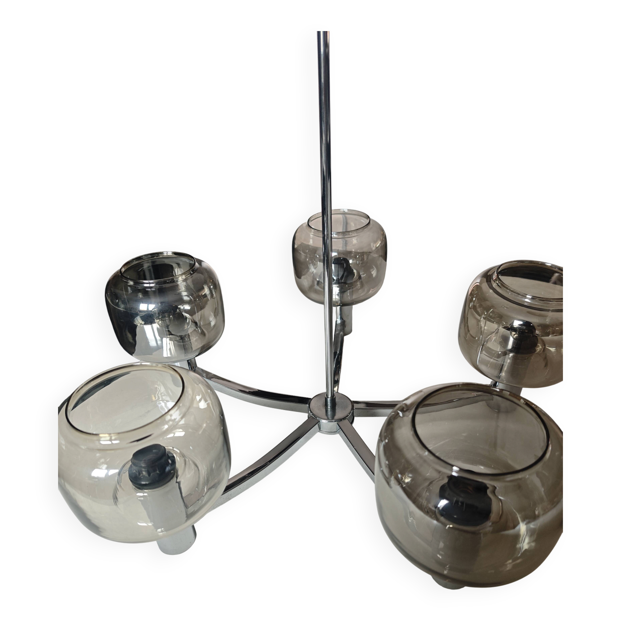 Chrome and Smoked Glass Lustre D&H – Vintage 1970 Space Age Design – Brand New Condition