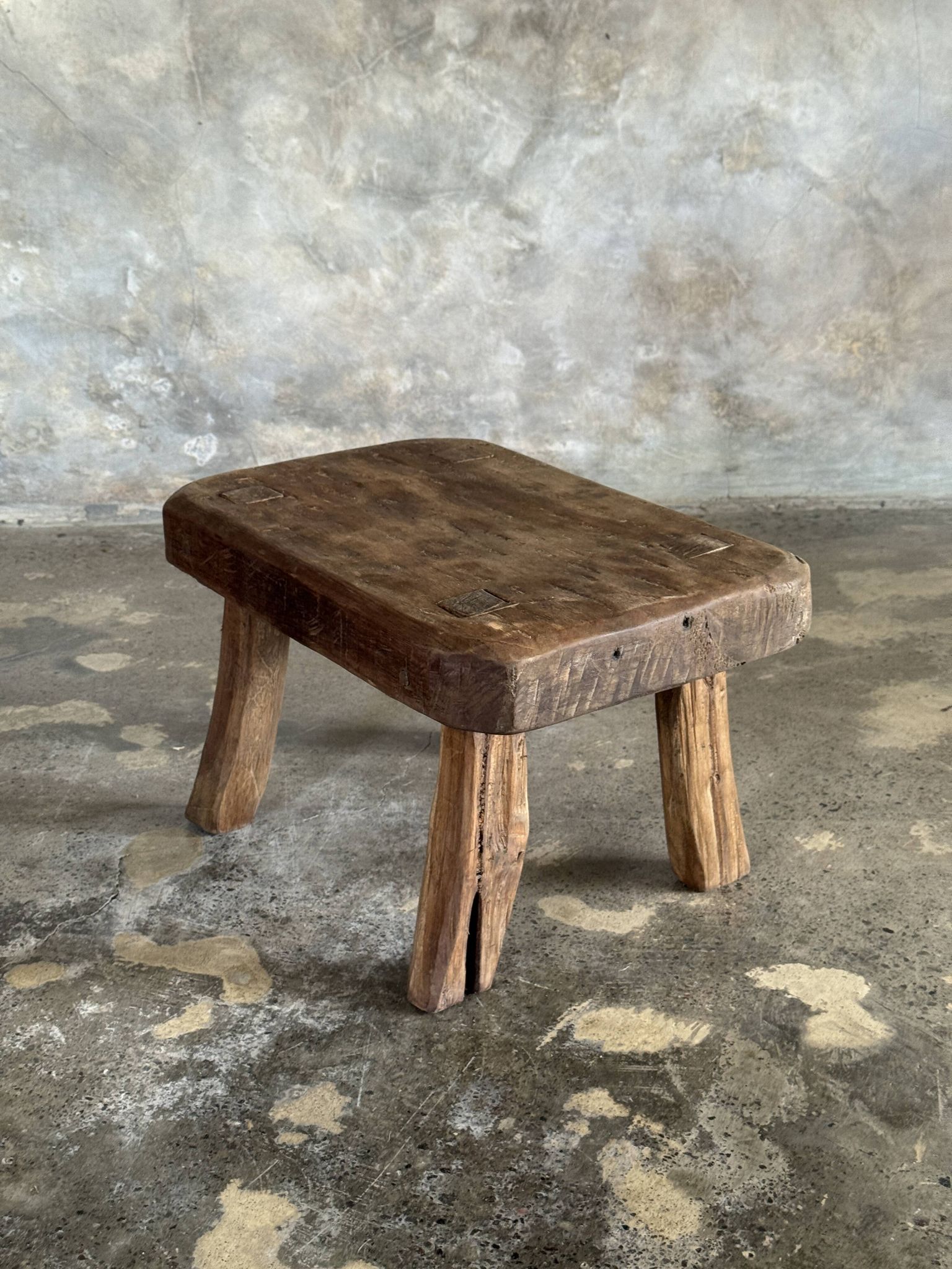 Small stool, rectangular rounded solid teak side table.