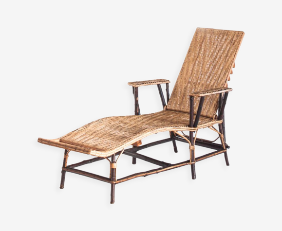 Chaise longue en bois cannage et osier France années 1950