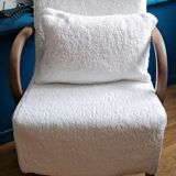 Armchair completely redone moumoute fabrics matching rectangular cushion woodwork mink color