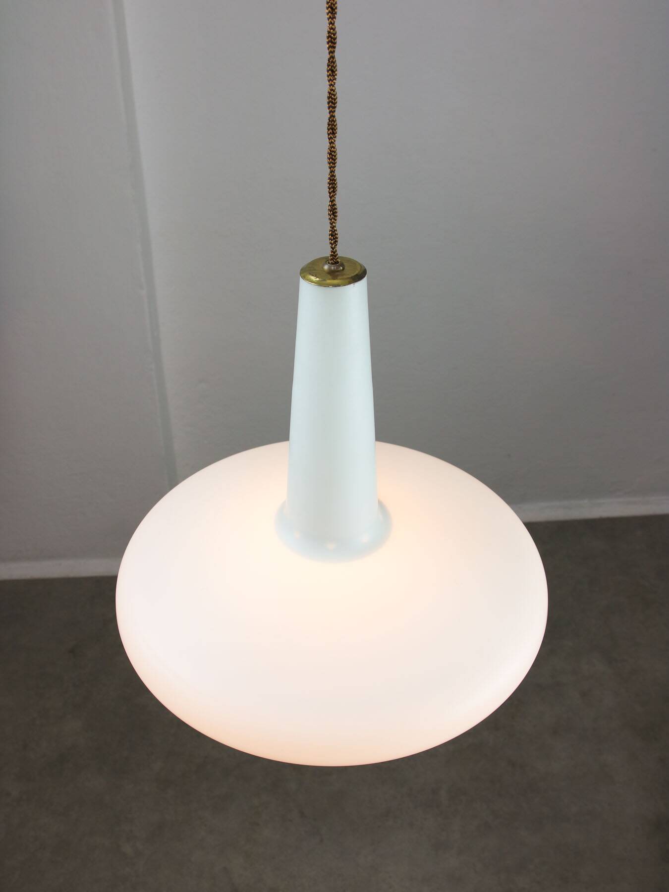 Mid-century italian brass and opaline hat pendant lamp